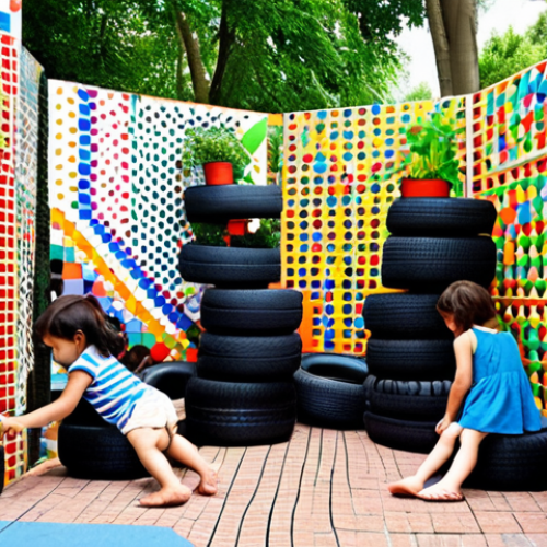 Home 15 **A colorful playground scene showcasing children playing on structures made from recycled tires, wooden pallets, and plastic bottles. Bright mosaics adorn the walls, and a vertical garden made of PET bottles adds a touch of nature.**