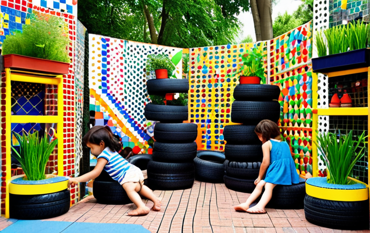 **A colorful playground scene showcasing children playing on structures made from recycled tires, wooden pallets, and plastic bottles. Bright mosaics adorn the walls, and a vertical garden made of PET bottles adds a touch of nature.**