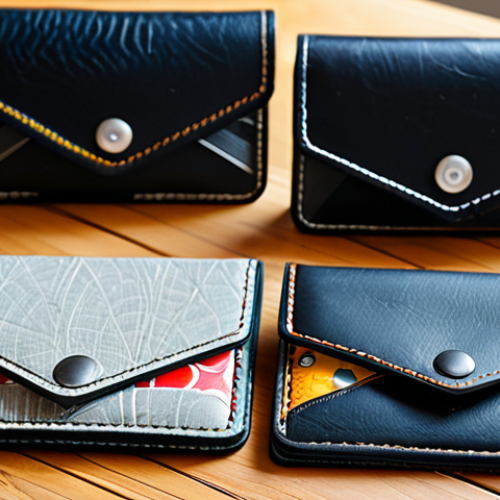 Home 7 A collection of professionally photographed upcycled business cardholders, showcasing diverse materials: one crafted from black bicycle inner tube rubber with a unique texture, another from a vibrant, patterned advertising banner canvas, and a third from subtly textured, reclaimed leather offcuts. These durable, unique pieces are artfully arranged on a clean, light-colored wooden surface, bathed in soft, natural daylight, highlighting intricate stitching and material details. Studio lighting, macro photography, high detail, clear focus, high resolution, eco-friendly design, sustainable craftsmanship, artisanal quality, safe for work, appropriate content, fully clothed, family-friendly.