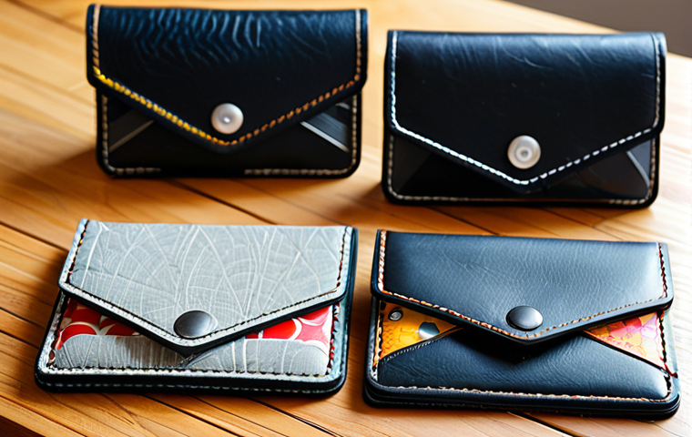A collection of professionally photographed upcycled business cardholders, showcasing diverse materials: one crafted from black bicycle inner tube rubber with a unique texture, another from a vibrant, patterned advertising banner canvas, and a third from subtly textured, reclaimed leather offcuts. These durable, unique pieces are artfully arranged on a clean, light-colored wooden surface, bathed in soft, natural daylight, highlighting intricate stitching and material details. Studio lighting, macro photography, high detail, clear focus, high resolution, eco-friendly design, sustainable craftsmanship, artisanal quality, safe for work, appropriate content, fully clothed, family-friendly.